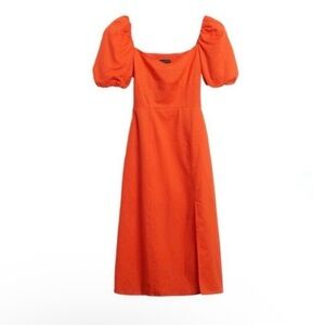 Banana Republic Cotton Linen Puff Sleeve Midi Dress Orange Size 14